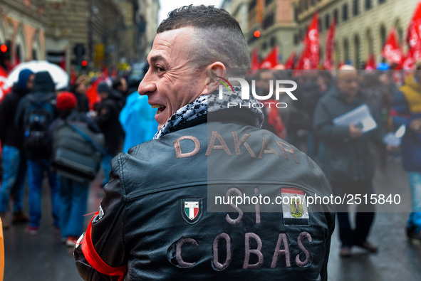 Logistic and transport workers from COBAS union organized a protest against the so-called "jobs-act" law in Rome, Italy on Saturday, Februar...