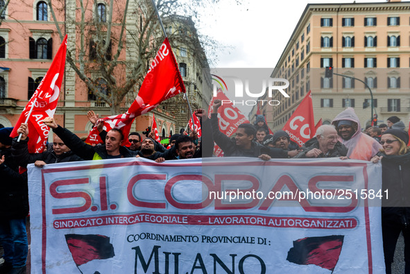 Logistic and transport workers from COBAS union organized a protest against the so-called "jobs-act" law in Rome, Italy on Saturday, Februar...