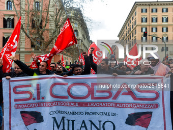 Logistic and transport workers from COBAS union organized a protest against the so-called "jobs-act" law in Rome, Italy on Saturday, Februar...