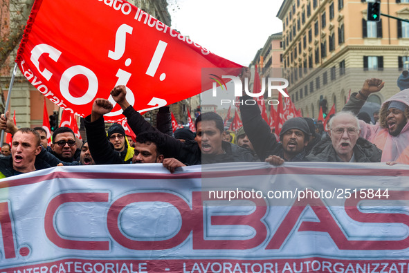 Logistic and transport workers from COBAS union organized a protest against the so-called "jobs-act" law in Rome, Italy on Saturday, Februar...