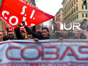 Logistic and transport workers from COBAS union organized a protest against the so-called "jobs-act" law in Rome, Italy on Saturday, Februar...