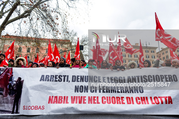 Logistic and transport workers from COBAS union organized a protest against the so-called "jobs-act" law in Rome, Italy on Saturday, Februar...