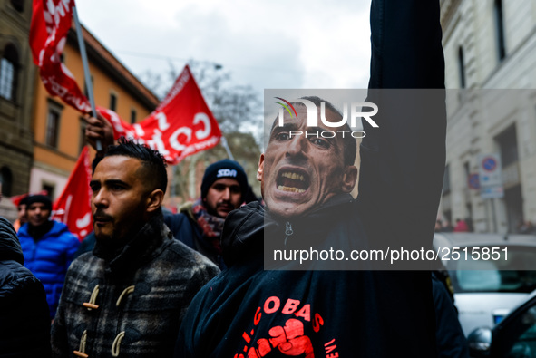 Logistic and transport workers from COBAS union organized a protest against the so-called "jobs-act" law in Rome, Italy on Saturday, Februar...