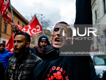 Logistic and transport workers from COBAS union organized a protest against the so-called "jobs-act" law in Rome, Italy on Saturday, Februar...