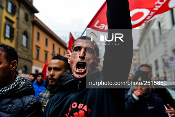 Logistic and transport workers from COBAS union organized a protest against the so-called "jobs-act" law in Rome, Italy on Saturday, Februar...