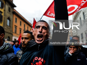 Logistic and transport workers from COBAS union organized a protest against the so-called "jobs-act" law in Rome, Italy on Saturday, Februar...