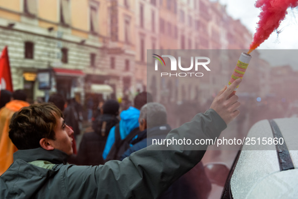 Logistic and transport workers from COBAS union organized a protest against the so-called "jobs-act" law in Rome, Italy on Saturday, Februar...