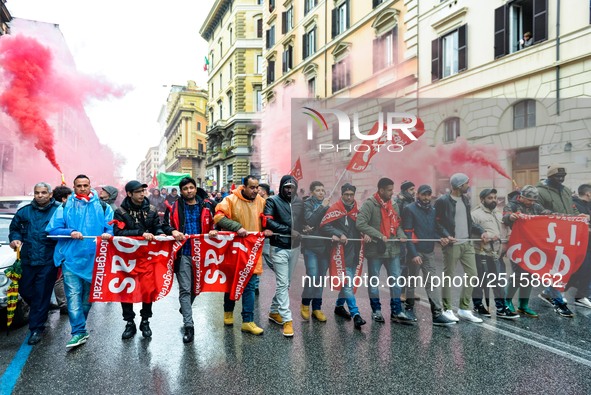 Logistic and transport workers from COBAS union organized a protest against the so-called "jobs-act" law in Rome, Italy on Saturday, Februar...