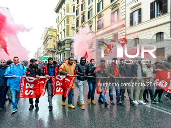 Logistic and transport workers from COBAS union organized a protest against the so-called "jobs-act" law in Rome, Italy on Saturday, Februar...