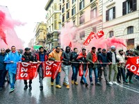 Logistic and transport workers from COBAS union organized a protest against the so-called "jobs-act" law in Rome, Italy on Saturday, Februar...