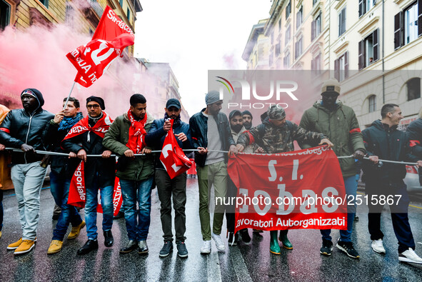 Logistic and transport workers from COBAS union organized a protest against the so-called "jobs-act" law in Rome, Italy on Saturday, Februar...