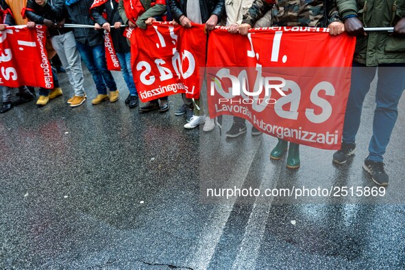 Logistic and transport workers from COBAS union organized a protest against the so-called "jobs-act" law in Rome, Italy on Saturday, Februar...