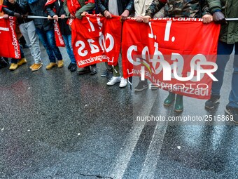 Logistic and transport workers from COBAS union organized a protest against the so-called "jobs-act" law in Rome, Italy on Saturday, Februar...