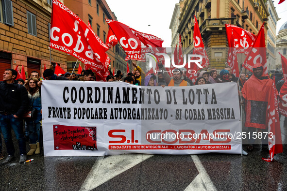 Logistic and transport workers from COBAS union organized a protest against the so-called "jobs-act" law in Rome, Italy on Saturday, Februar...