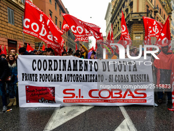 Logistic and transport workers from COBAS union organized a protest against the so-called "jobs-act" law in Rome, Italy on Saturday, Februar...