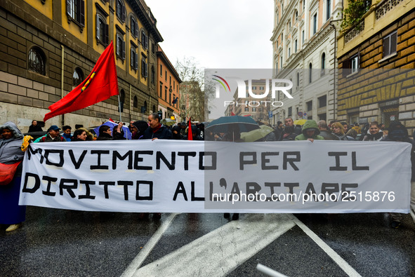 Logistic and transport workers from COBAS union organized a protest against the so-called "jobs-act" law in Rome, Italy on Saturday, Februar...