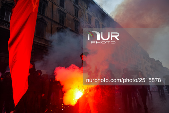 Logistic and transport workers from COBAS union organized a protest against the so-called "jobs-act" law in Rome, Italy on Saturday, Februar...