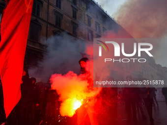 Logistic and transport workers from COBAS union organized a protest against the so-called "jobs-act" law in Rome, Italy on Saturday, Februar...