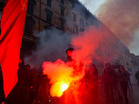 Logistic and transport workers from COBAS union organized a protest against the so-called "jobs-act" law in Rome, Italy on Saturday, Februar...