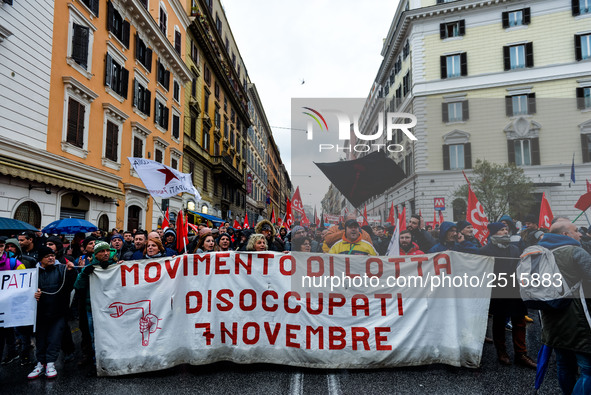 Logistic and transport workers from COBAS union organized a protest against the so-called "jobs-act" law in Rome, Italy on Saturday, Februar...