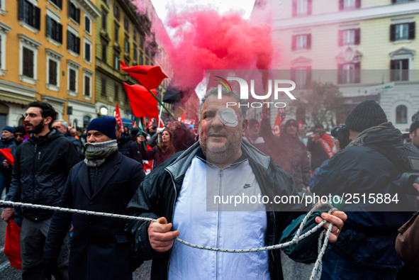 Logistic and transport workers from COBAS union organized a protest against the so-called "jobs-act" law in Rome, Italy on Saturday, Februar...