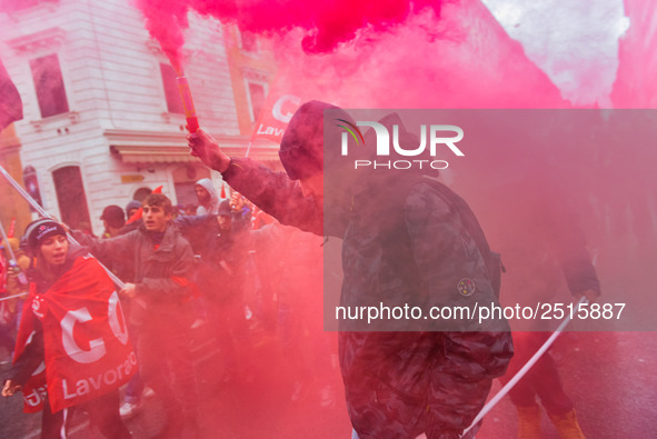 Logistic and transport workers from COBAS union organized a protest against the so-called "jobs-act" law in Rome, Italy on Saturday, Februar...