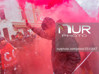 Logistic and transport workers from COBAS union organized a protest against the so-called "jobs-act" law in Rome, Italy on Saturday, Februar...