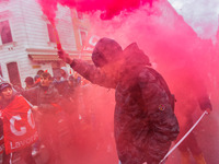 Logistic and transport workers from COBAS union organized a protest against the so-called "jobs-act" law in Rome, Italy on Saturday, Februar...