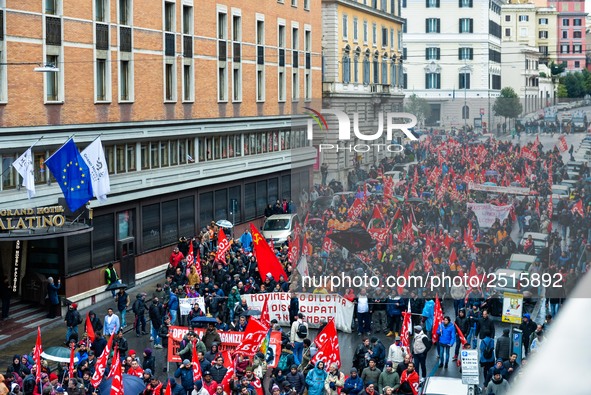 Logistic and transport workers from COBAS union organized a protest against the so-called "jobs-act" law in Rome, Italy on Saturday, Februar...