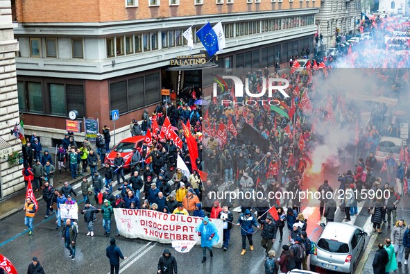 Logistic and transport workers from COBAS union organized a protest against the so-called "jobs-act" law in Rome, Italy on Saturday, Februar...