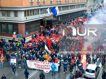 Logistic and transport workers from COBAS union organized a protest against the so-called "jobs-act" law in Rome, Italy on Saturday, Februar...