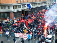 Logistic and transport workers from COBAS union organized a protest against the so-called "jobs-act" law in Rome, Italy on Saturday, Februar...