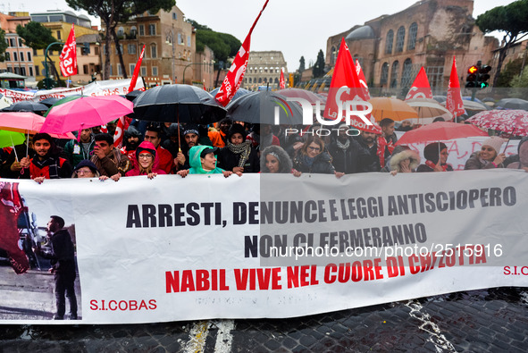 Logistic and transport workers from COBAS union organized a protest against the so-called "jobs-act" law in Rome, Italy on Saturday, Februar...