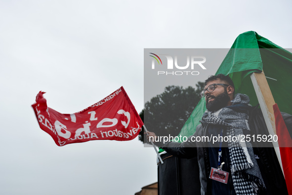 Logistic and transport workers from COBAS union organized a protest against the so-called "jobs-act" law in Rome, Italy on Saturday, Februar...