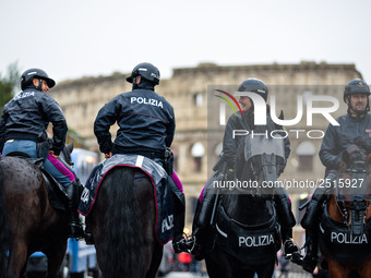 Italian police controls the Logistic and transport workers from COBAS union during a protest against the so-called 'jobs-act' law in Rome, I...