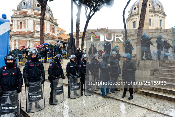 Italian police controls the Logistic and transport workers from COBAS union during a protest against the so-called 'jobs-act' law in Rome, I...