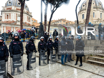 Italian police controls the Logistic and transport workers from COBAS union during a protest against the so-called 'jobs-act' law in Rome, I...