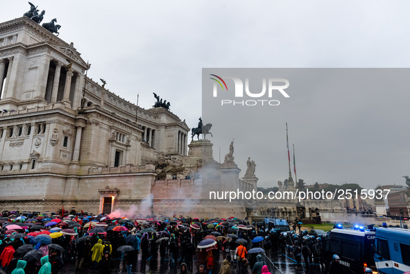 Logistic and transport workers from COBAS union organized a protest against the so-called "jobs-act" law in Rome, Italy on Saturday, Februar...