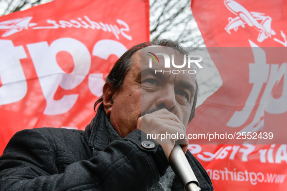 French workers' union General Confederation of Labour (CGT) Secretary-General Philippe Martinez speaks during a dimostration  to support the...