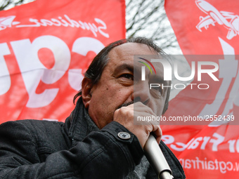 French workers' union General Confederation of Labour (CGT) Secretary-General Philippe Martinez speaks during a dimostration  to support the...