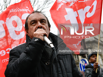 French workers' union General Confederation of Labour (CGT) Secretary-General Philippe Martinez speaks during a dimostration  to support the...