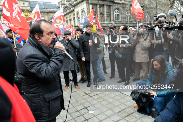 French workers' union General Confederation of Labour (CGT) Secretary-General Philippe Martinez speaks during a dimostration  to support the...