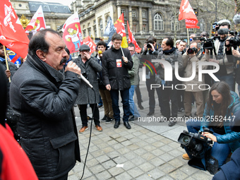 French workers' union General Confederation of Labour (CGT) Secretary-General Philippe Martinez speaks during a dimostration  to support the...