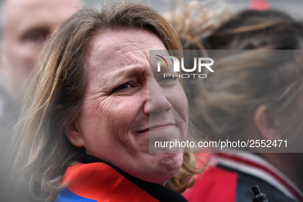 Front de gauche member Danielle Simonet attends a demonstration in front of the Palace of Justice while CGT union's members are to be judged...