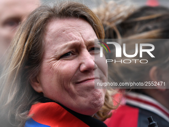 Front de gauche member Danielle Simonet attends a demonstration in front of the Palace of Justice while CGT union's members are to be judged...