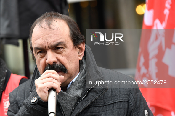 French workers' union General Confederation of Labour (CGT) Secretary-General Philippe Martinez speaks during a dimostration  to support the...