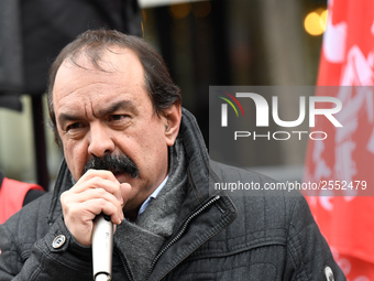 French workers' union General Confederation of Labour (CGT) Secretary-General Philippe Martinez speaks during a dimostration  to support the...