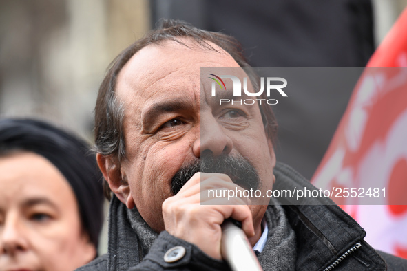 French workers' union General Confederation of Labour (CGT) Secretary-General Philippe Martinez speaks during a dimostration  to support the...