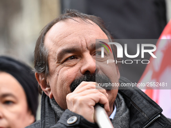 French workers' union General Confederation of Labour (CGT) Secretary-General Philippe Martinez speaks during a dimostration  to support the...