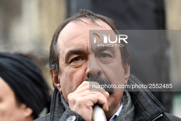 French workers' union General Confederation of Labour (CGT) Secretary-General Philippe Martinez speaks during a dimostration  to support the...